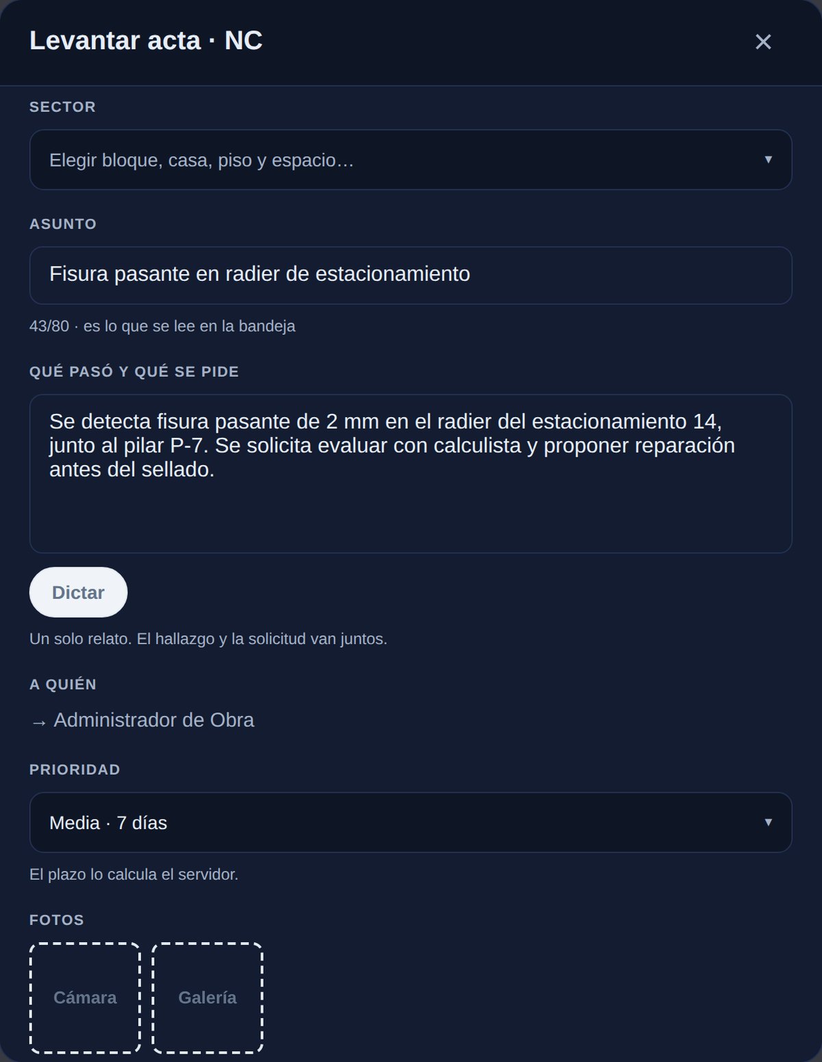 Formulario para levantar una no conformidad: sector, asunto y relato (datos de demostración)