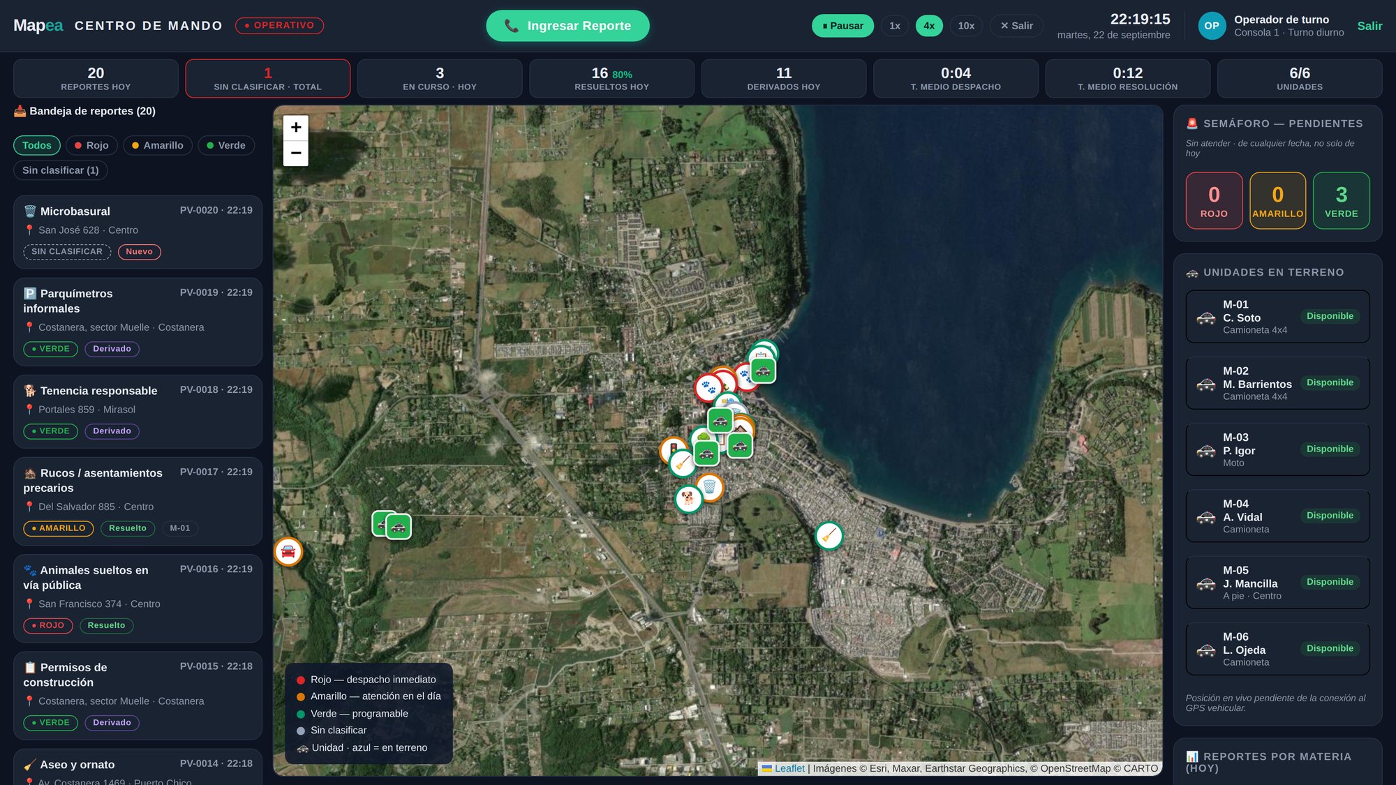 Centro de Mando de Mapea Municipal con bandeja de reportes, mapa y unidades en terreno (datos de demostración)