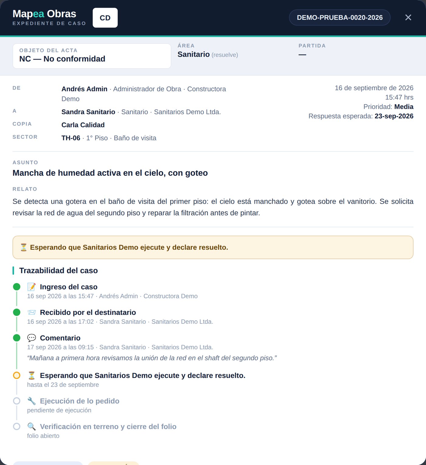 Expediente de caso en Mapea Obras: no conformidad con responsable, plazo y trazabilidad (datos de demostración)
