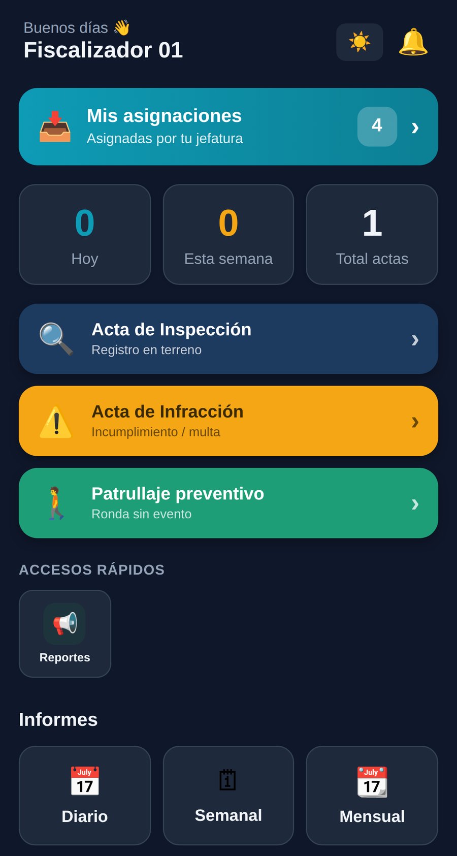 Aplicación del fiscalizador con sus asignaciones, actas e informes diario, semanal y mensual (datos de demostración)
