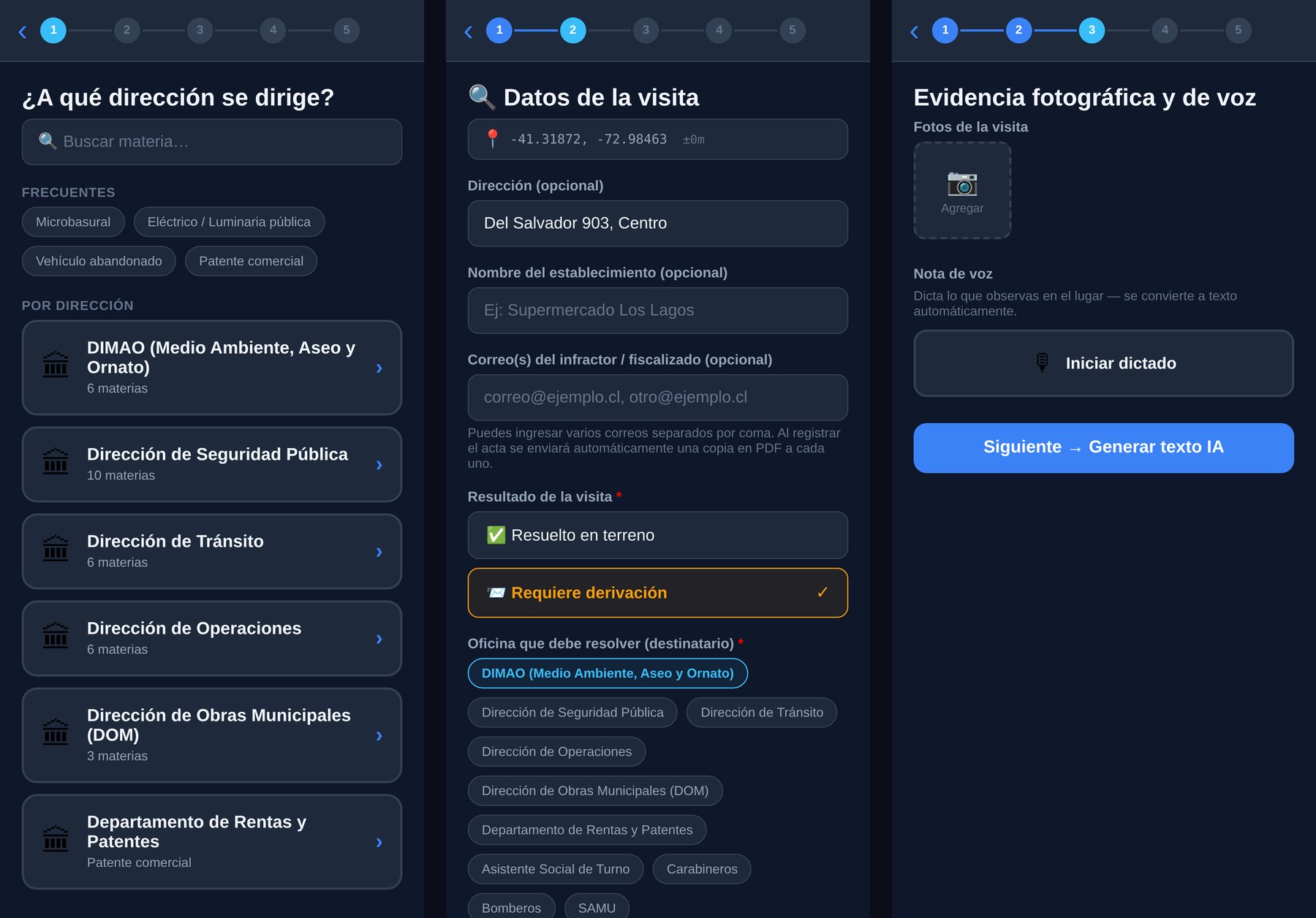 Tres pantallas del registro en terreno: dirección, datos de la visita y evidencia fotográfica y de voz (datos de demostración)