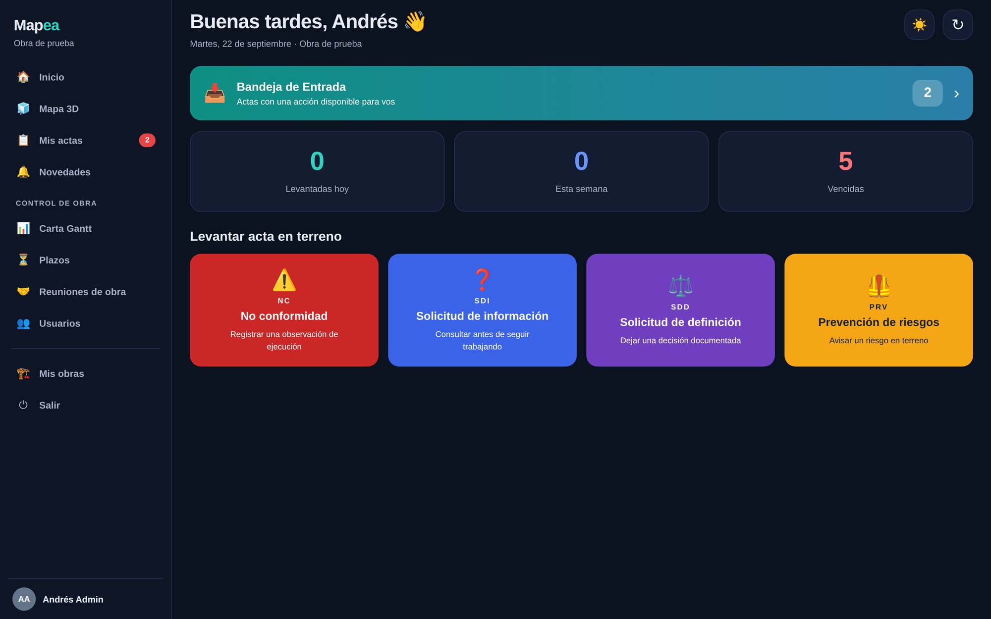 Inicio de Mapea Obras con bandeja de entrada y botones para levantar actas (datos de demostración)
